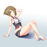  1girl :o arm_behind_head arm_support arms_behind_back bare_legs blush brown_hair green_eyes kantai_collection miniskirt mutsu_(kantai_collection) pensuke pleated_skirt short_hair sitting skirt solo 