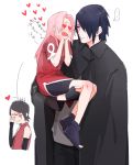  2girls black_hair carrying family father_and_daughter glasses haruno_sakura mother_and_daughter multiple_girls naruto pink_hair shigegigi short_hair time_paradox uchiha_sarada uchiha_sasuke younger 