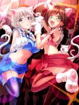  2girls :d anastasia_(idolmaster) animal animal_ears bell bell_collar blue_eyes blue_legwear breasts brown_hair cat cat_ears cat_paws cat_tail cleavage collar fake_animal_ears fake_animal_tail fang fishnet_legwear fishnets frills garter_straps green_eyes haruka_natsuki idolmaster idolmaster_cinderella_girls looking_at_viewer maekawa_miku midriff multiple_girls navel open_mouth paws red_legwear short_hair smile tail thigh-highs white_hair 