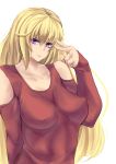  1girl absurdres bare_shoulders blonde_hair breasts highres long_hair looking_at_viewer original raycat simple_background solo v violet_eyes white_background 