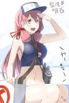  1girl akashi_(kantai_collection) crop_top green_eyes hair_ribbon hat kantai_collection long_hair meth_(emethmeth) midriff open_mouth pink_hair ribbon sleeveless smile solo tress_ribbon twintails visor_cap 