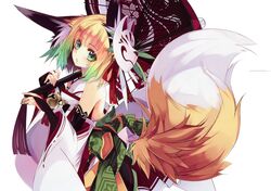  1girl absurdres animal_ears bare_shoulders bell blonde_hair bridal_gauntlets detached_sleeves fox_ears fox_mask fox_tail gradient_hair green_eyes green_hair hair_ornament hair_ribbon highres holding looking_at_viewer mask multicolored_hair open_mouth oriental_umbrella original pleated_skirt ribbon shirokitsune simple_background skirt solo tail umbrella white_background wide_sleeves 