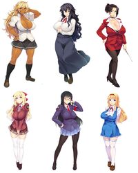  6+girls black_hair black_skirt blonde_hair blue_eyes blue_skirt breasts brown_hair cleavage collar dark_skin dress eyepatch glasses hair_ornament hair_ribbon highres kneehighs large_breasts long_hair long_skirt multiple_girls necktie office_lady pantyhose red_skirt ribbon school_uniform skirt smile socks tan teacher thigh-highs white_legwear 