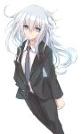  1girl blue_eyes expressionless formal from_above hat hibiki_(kantai_collection) holding holding_hat kantai_collection long_hair looking_at_viewer nao_(qqqbb) necktie pants simple_background solo tagme white_background white_hair 
