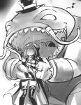  1girl ashe_(league_of_legends) big_mouth bow_(weapon) cape catfish fish formal hat highres league_of_legends long_hair monochrome monster nam_(valckiry) open_mouth scared suit tahm_kench teeth top_hat weapon 