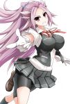  1girl bike_shorts breasts cosplay gloves grin jun&#039;you_(kantai_collection) kantai_collection large_breasts long_hair pleated_skirt pointing ponytail purple_hair red-eyes_macadamiachoco school_uniform shiranui_(kantai_collection) shiranui_(kantai_collection)_(cosplay) shorts_under_skirt skirt smile solo spiky_hair vest violet_eyes white_gloves y 