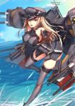  1girl bare_shoulders bismarck_(kantai_collection) blonde_hair blue_sky breasts brown_gloves cannon clouds detached_sleeves gloves grey_eyes grey_legwear hat highres kantai_collection large_breasts long_hair long_sleeves machinery mecha_musume military military_hat military_uniform nian ocean sky solo thigh-highs thighs uniform zettai_ryouiki 