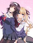  2girls black_hair blonde_hair blue_eyes hairband kasumigaoka_utaha long_hair mario_kaneda multiple_girls pantyhose red_eyes saenai_heroine_no_sodatekata sawamura_spencer_eriri school_uniform smile thigh-highs twintails 