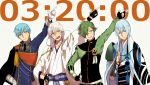  4boys beads blue_eyes blue_hair cape finger_gun gloves green_eyes green_hair hair_over_one_eye ichigo_hitofuri japanese_clothes kousetsu_samonji long_hair multiple_boys partly_fingerless_gloves pointing pom_pom_(clothes) prayer_beads smile sweatdrop touken_ranbu tsurumaru_kuninaga uguisumaru white_gloves white_hair yellow_eyes 