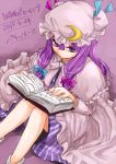  1girl book capelet crescent_hair_ornament dated dress hair_between_eyes hair_ornament hair_ribbon long_hair low-tied_long_hair mob_cap monrooru patchouli_knowledge purple_hair reading ribbon sitting solo touhou tress_ribbon violet_eyes 