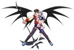  1boy 1girl aleksander_nikolaevich_her black_wings blush crossover demon_wings facial_tattoo female gauntlets genderswap high_school_dxd highres hug hyoudou_issei male revealing_clothes scythe seikon_no_qwaser smile tattoo waist_hug white_background wings yxyyxy 