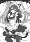  1girl absurdres alternate_costume animal_ears apron blush breasts carnelian cat_ears cat_tail cleavage collar enmaided high_heels highres idolmaster idolmaster_cinderella_girls long_hair looking_at_viewer maid monochrome pillow ribbon shibuya_rin sitting solo star tail thigh-highs translation_request 