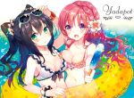  2girls artist_request bikini black_hair breasts cleavage green_eyes innertube multiple_girls open_mouth original popsicle redhead smile sunglasses swimsuit two_side_up violet_eyes yadapot 