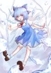  1girl blue_dress blue_eyes blue_hair bow cirno dress hair_bow highres hoshibuchi ice ice_wings looking_at_viewer open_mouth puffy_short_sleeves puffy_sleeves shirt short_sleeves smile solo touhou wings 