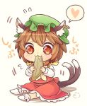  1girl :3 animal_ears brown_eyes brown_hair cat_ears cat_tail chen dress heart ibarashiro_natou jewelry long_sleeves multiple_tails nekomata red_dress short_hair single_earring sitting solo spoken_heart tail touhou two_tails white_legwear 