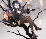  1girl bare_tree black_eyes brown_hair buzz cane crossed_legs gloves gradient_hair hat long_hair multicolored_hair open_mouth pantyhose pixiv_fantasia pixiv_fantasia_t purple_hair solo tree 