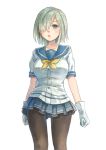  1girl black_legwear blue_eyes breasts gloves hair_ornament hair_over_one_eye hairclip hamakaze_(kantai_collection) kantai_collection large_breasts looking_at_viewer matatabi_(natur_umwelt) open_mouth pantyhose school_uniform serafuku short_hair silver_hair simple_background skirt solo white_background white_gloves 