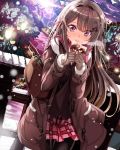  1girl bag black_legwear blush braid brown_gloves coat gift gloves grey_hair hair_ornament hairclip haruka_natsuki headband lamppost long_hair looking_at_viewer original pantyhose scarf skirt snow snowing solo tree violet_eyes 