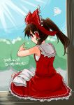  1girl alternate_hairstyle bow brown_hair dated dress from_behind frown hair_bow hair_tubes hakurei_reimu light_rays monrooru ponytail red_eyes sarashi shrine sitting sleeveless sleeveless_dress sleeves_removed solo squiggle sunbeam sunlight sweatdrop tan tanline touhou 