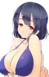 1girl absurdres bikini black_hair blue_bikini blush breast_hold breasts cleavage front-tie_top highres kantai_collection large_breasts looking_at_viewer red_eyes short_hair simple_background smile solo swimsuit takao_(kantai_collection) tori_kaku white_background 