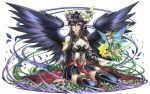  1girl ahoge bare_shoulders black_hair blacklimes blue_eyes braid breasts cleavage earrings elbow_gloves fairy flower gloves hair_flower hair_ornament jewelry long_hair official_art open_mouth persephone_(p&amp;d) pointing puzzle_&amp;_dragons single_braid sitting solo thigh-highs wings 
