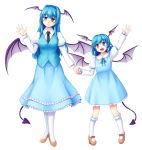  2girls blue_dress demon_girl demon_tail demon_wings dress gomi_(gomitin) heterochromia holding_hands juliet_sleeves koakuma koakuma_(cosplay) long_sleeves multiple_girls open_mouth puffy_sleeves shirt skirt skirt_set smile tail tatara_kogasa touhou vest wings 