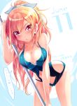  11 1girl blonde_hair blush breasts cleavage hair_ribbon haruka_natsuki june long_hair looking_at_viewer one-piece_swimsuit original ponytail ribbon solo swimsuit translation_request 