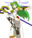  1girl armor bangs bare_shoulders belt breasts choker dress goddess green_eyes green_hair highres jewelry kid_icarus kid_icarus_uprising leg_up legs long_hair long_legs looking_at_viewer necklace o-y palutena panties pantyshot pantyshot_(standing) parted_bangs pendant shield side_slit single_thighhigh smile solo staff standing strapless_dress swept_bangs thigh-highs thighs tiara underwear vambraces very_long_hair white_legwear white_panties 