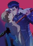  2boys blood blue_hair emiya_shirou fate/stay_night fate_(series) gae_bolg impaled inaho178 lancer multiple_boys orange_hair polearm ponytail school_uniform spear weapon 