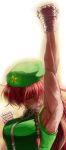  1girl arm_up armpits bandaged_hands braid closed_eyes grin hat highres hong_meiling littlefinger1988 muscle redhead scar sleeveless smile sweat sweating touhou twin_braids upper_body wet 