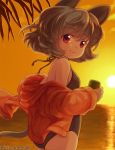 1girl animal_ears ass back backlighting bangs from_behind grey_hair hair hair_between_eyes iris_anemone jpeg_artifacts long_bangs long_sleeves looking_at_viewer looking_back mouse_ears mouse_tail nazrin ocean off_shoulder one-piece_swimsuit open_clothes open_vest red_eyes short_hair sky smile solo sun swimsuit tail touhou twitter_username vest water