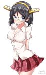  1girl alternate_costume black_eyes black_hair glasses hairband kantai_collection kirishima_(kantai_collection) plaid plaid_skirt short_hair skirt standing yuki_no_iori 