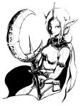  1girl cape ear_piercing earrings fingerless_gloves gloves greyscale horn jewelry league_of_legends looking_at_viewer monochrome n-desion piercing pointy_ears ponytail solo soraka staff tattoo 