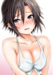  1girl bikini black_hair blush breasts cleavage collarbone grey_eyes idolmaster kikuchi_makoto marukome01 open_mouth solo swimsuit upper_body white_bikini white_swimsuit 