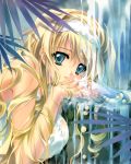  1girl absurdres blonde_hair breasts green_eyes hairband highres leaf looking_at_viewer mimizuku_auru original solo water wet wet_clothes 