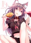  1girl animal_ears chicken_leg collar collarbone eating food fork grey_hair haruka_natsuki june long_hair meat navel original pleated_skirt school_uniform serafuku sitting skirt smile solo wolf_ears 