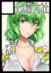  1girl black_bra bra breasts cleavage collarbone green_hair kazami_yuuka lace-trimmed_bra large_breasts looking_at_viewer open_clothes open_shirt red_eyes ribbon see-through shirt solo sweat touhou underwear upper_body wet wet_clothes wet_shirt y2 