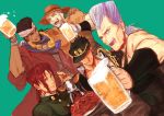  beer_mug black_hair blue_eyes chain cherry chewing_gum cigarette closed_eyes dog dutch_angle earrings foam food fruit gakuran green_eyes grey_hair hat headband iggy_(jojo) jean_pierre_polnareff jewelry jojo_no_kimyou_na_bouken joseph_joestar kakyouin_noriaki kuujou_joutarou mohammed_avdol mugitarou necklace redhead robe school_uniform smile tray 