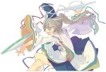  1girl blush dish grey_hair hat japanese_clothes long_hair long_sleeves looking_away mononobe_no_futo morino_hon open_mouth outstretched_arms pom_pom_(clothes) ponytail ribbon shirt simple_background skirt smile solo tate_eboshi touhou white_background wide_sleeves 