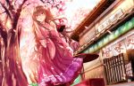  1girl brown_hair cherry_blossoms flower hair_flower hair_ornament haruka_natsuki japanese_clothes kimono kimono_skirt long_hair open_mouth original red_eyes smile umbrella 