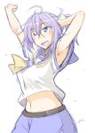  1girl ahoge aoba_(kantai_collection) armpits arms_up artist_name belt blue_eyes breasts fue_(rhomphair) hair_between_eyes kantai_collection messy_hair navel one_eye_closed open_mouth ponytail purple_hair school_uniform serafuku short_hair shorts signature simple_background smile solo stretch sweat white_background 