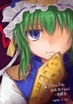  1girl annoyed blue_eyes green_hair hat hat_ribbon monrooru ribbon rod_of_remorse shiki_eiki solo touhou 