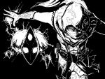  1boy abs black_background covered_mouth gloves greyscale hood league_of_legends malzahar monochrome n-desion outstretched_arms voidling 