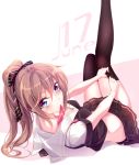  1girl adjusting_clothes adjusting_legwear black_legwear blue_eyes brown_hair hair_ribbon haruka_natsuki june looking_at_viewer miniskirt mouth_hold original ponytail ribbon ribbon_in_mouth school_uniform serafuku skirt solo thigh-highs 