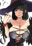 1girl akit_(15jamjam) bare_shoulders black_hair breasts cleavage feathers hat jewelry large_breasts looking_at_viewer ring short_hair simple_background sketch solo upper_body violet_eyes white_background witch_hat 