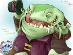  1boy 1girl blue_skin green_skin gun hat hat_removed headwear_removed jewelry league_of_legends licking_lips no_pupils open_mouth ring saliva size_difference sweatdrop tahm_kench teeth tongue tongue_out top_hat tristana vilde_loh_hocen weapon white_hair yellow_eyes yordle 