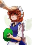 apron bandages brown_eyes brown_hair dress extra fairy_maid fairy_wings hand_on_another&#039;s_head hat holding holding_hat littlefinger1988 maid_headdress pointy_ears scar short_hair touhou waist_apron wings 