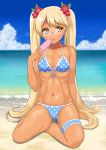  1girl beach bikini blonde_hair brown_eyes glasses hal_2001lop91 highres licking long_hair popsicle retoree show_by_rock!! sitting swimsuit twintails 