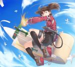  1girl a6m_zero airplane blue_sky brown_eyes brown_hair clouds covered_mouth flat_chest floating full_body highres japanese_clothes kantai_collection kariginu long_sleeves looking_to_the_side mecha_musume onmyouji outdoors ryuujou_(kantai_collection) scroll shikigami short_hair skirt sky solo spirytus_tarou twintails visor_cap 