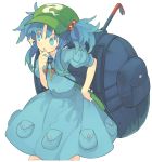  1girl backpack bag blue_eyes blue_hair blush cucumber hair_bobbles hair_ornament hat kawashiro_nitori key looking_away looking_to_the_side morino_hon open_mouth puffy_sleeves shirt short_sleeves simple_background skirt skirt_set solo sparkle string touhou twintails white_background 